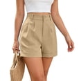 thumbnail image 5 of CIENVNSTG Women's Summer Dressy Casual Bermuda Shorts Solid Color High Waisted Elastic Waist Roll Up Pleated Wrap Hem Wide Leg Knee Length Shorts with Pockets & Button for Office and Outings Khaki S, 5 of 5