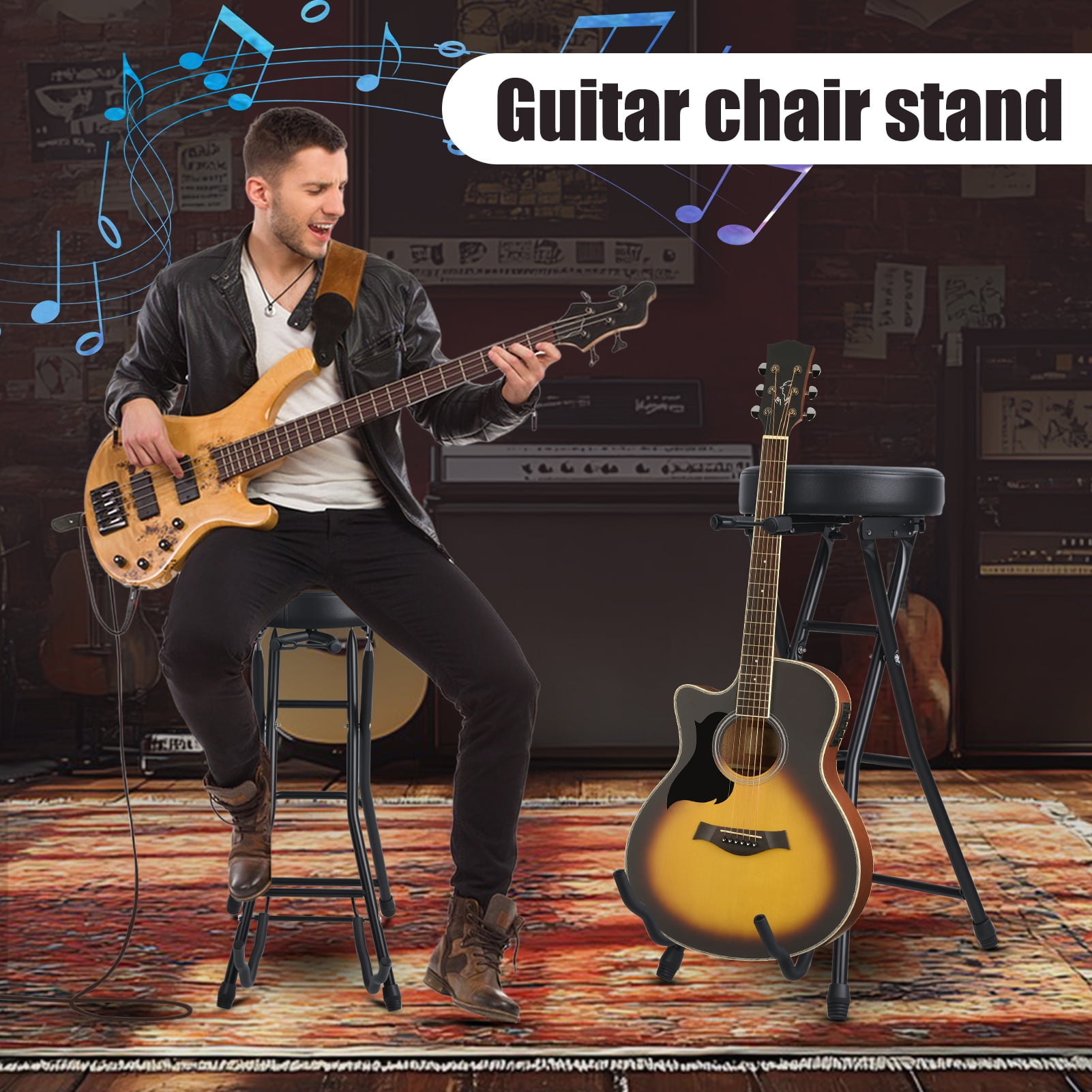 Seipola Guitar Stool with Padded Seat, Collapsible Chair with Guitar Stand, Retractable Hook, Adult Portable Folding Stool-Black