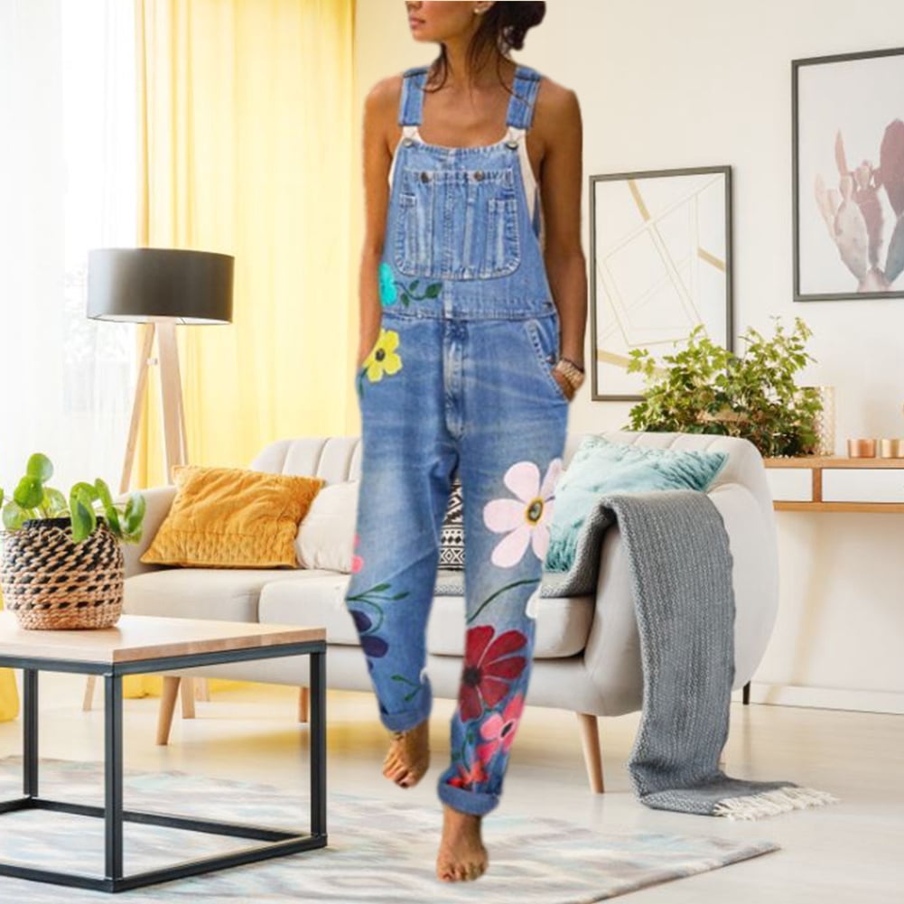 Women Sunflower Print Sleeveless Denim 