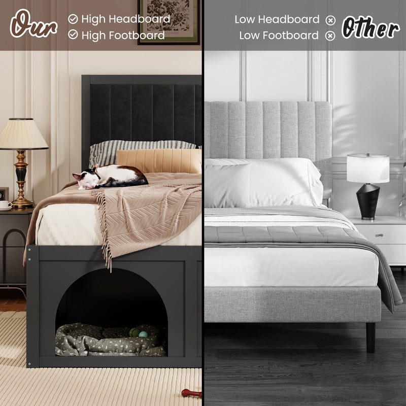 Full Size Pet-Friendly Platform Bed with Under-Bed Pet Nooks, Heavy Duty Wooden Storage Bed Frame with Padded Headboard