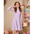 thumbnail image 3 of Oudiya Girls Mesh Puff Lantern Long Sleeve High Waist Formal A Line Purple Dress with Pockets for Kids 6-13 Years, 3 of 8