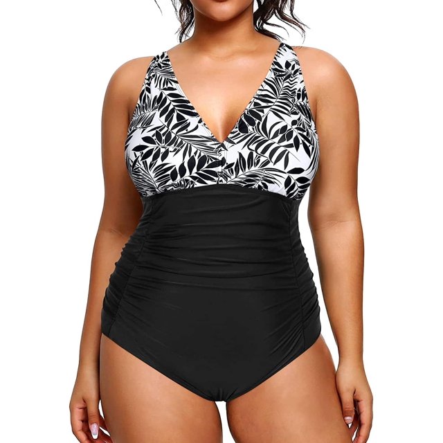 GHSDFBB Women Plus Size One Piece Swimsuits V Neck Tummy Control Bathing Suits Retro Ruched Swimwear