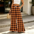 thumbnail image 2 of Striped & Plaid Ruffle Hem Wide Leg Pants - High Waisted Palazzo Trousers with Pockets, Flowy Drawstring Casual Lounge Pants Orange S, 2 of 7