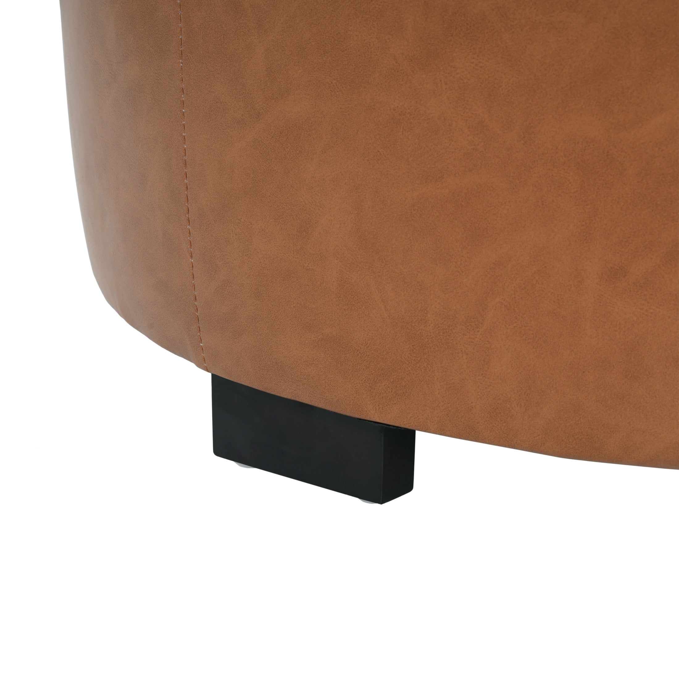 Christopher Knight Home Small Round Ottoman, Orange Brown PU Leather Button Tufted Footstool, Birch Wood Legs