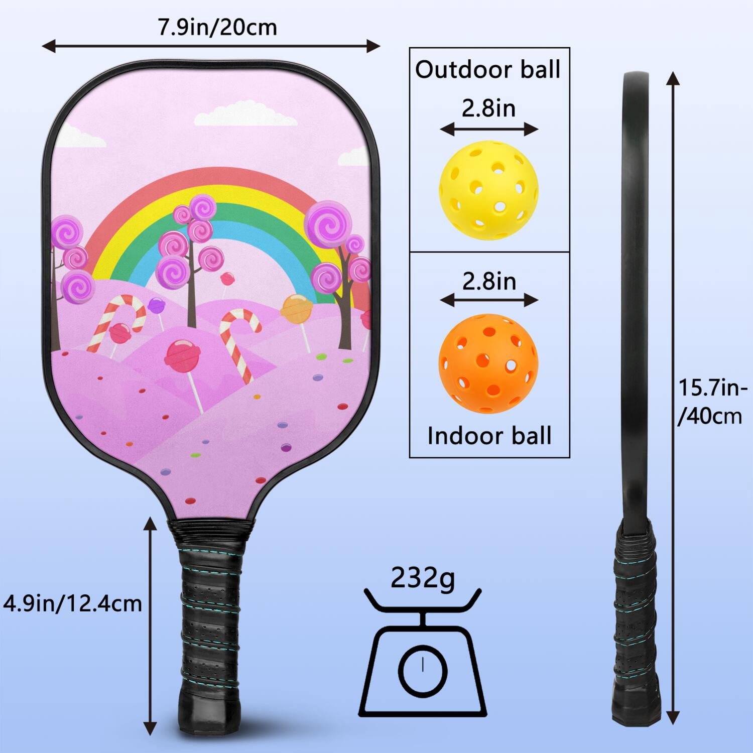 Pickleball Paddles Set Of 2, Fiberglass Surface, Sweet Candy Print, 4 Balls & Bag