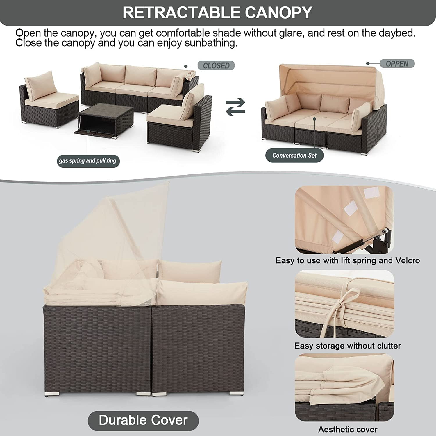 Vicluke 6 Pieces Patio Furniture Sets Outdoor Rattan Daybed, Rectangle Sunbed for Backyard (Khaki)