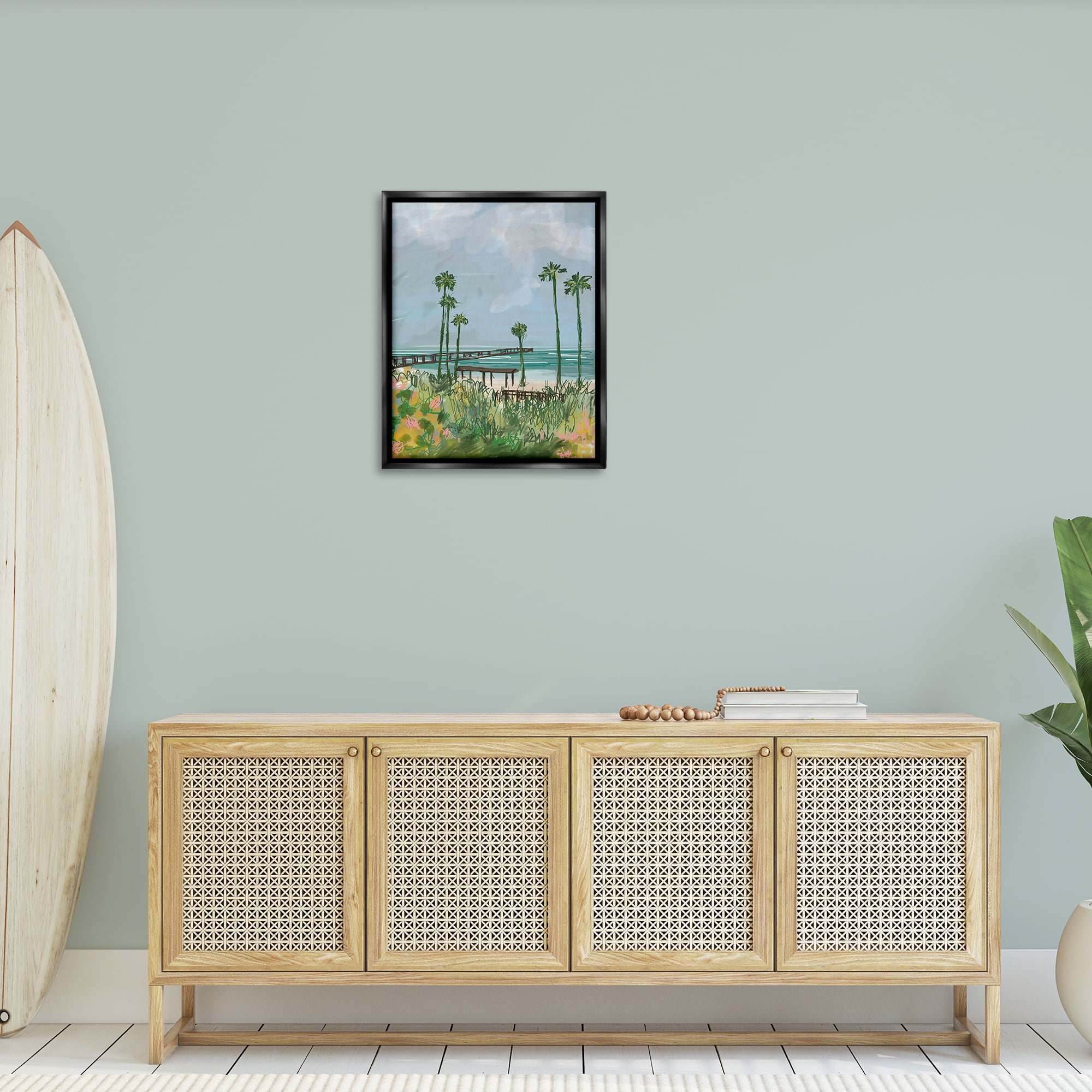 Stupell Industries Palm Trees Dock Scene Landscape Painting Black Floater Framed Canvas Art Print Wall Art, 25 x 31