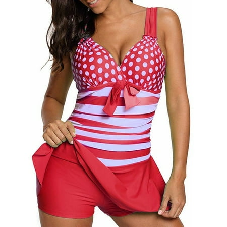 Womens Sweatheart Neck Color Block Print Tankini Push Up Padded Bikinis Sets Swimsuits with Pantyskirt