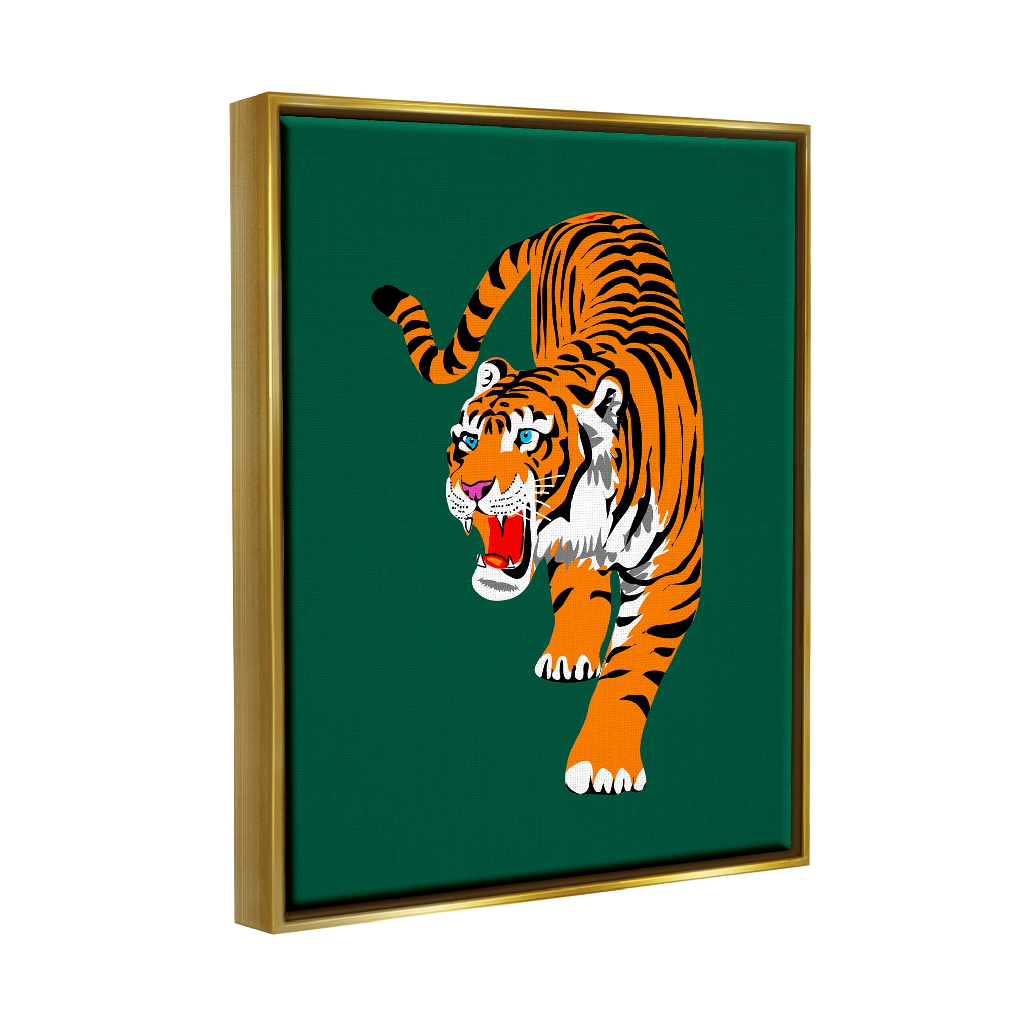 Stupell Industries Roaring Tiger on Green Animals & Insects Painting Gold Floater Framed Canvas Art Print Wall Art, 25 x 31