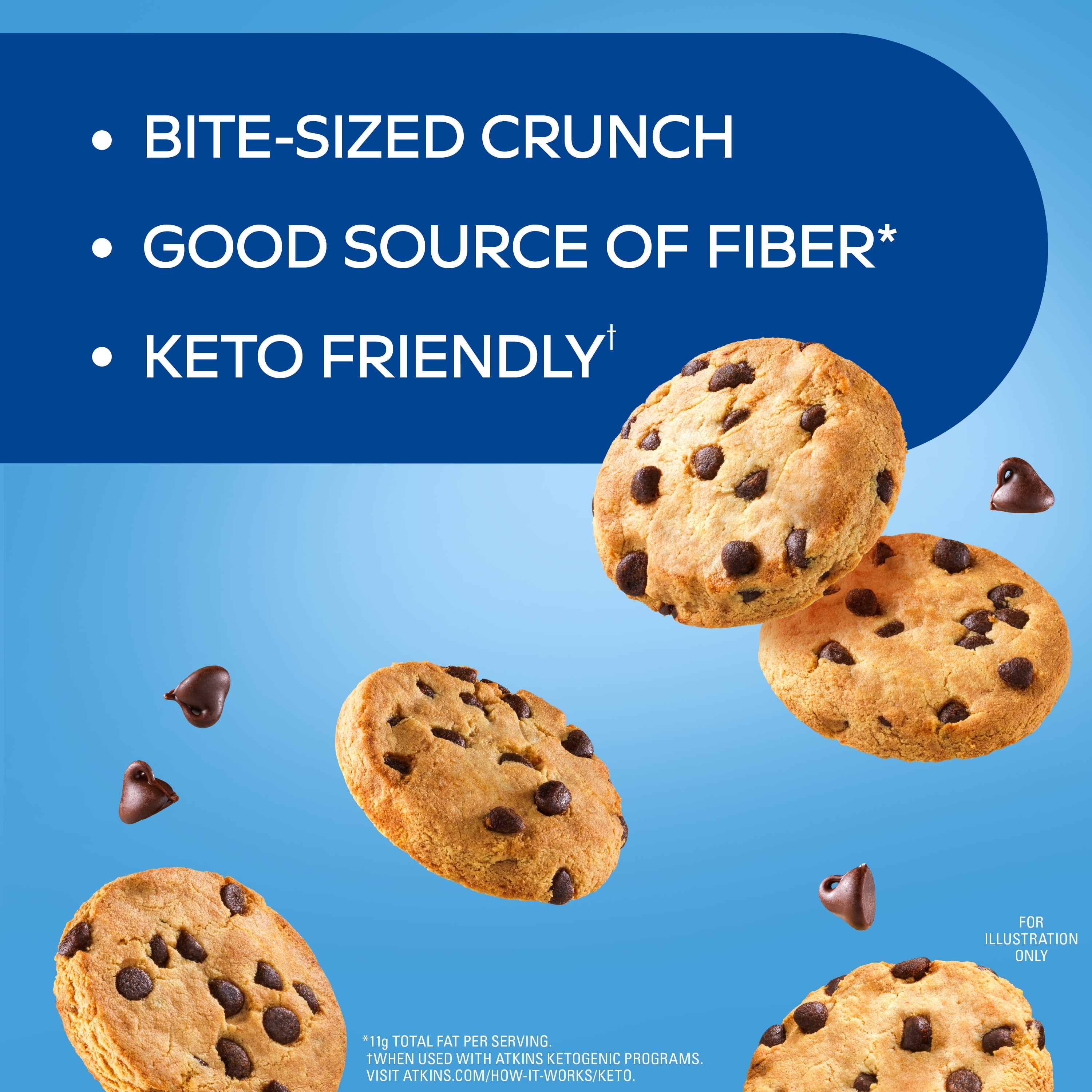 (4 pack) Atkins Crunchy Bite-Sized Protein Cookies, Chocolate Chip, 4.94 oz Resealable Bag