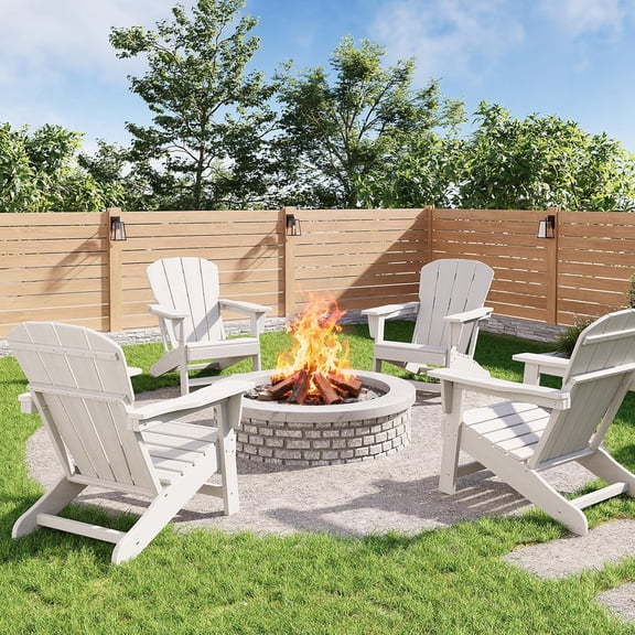 Modern HDPE Plastic Adirondack Chair Set of 4 Oversize 380 LB Poly Lumber Weather Resistant Firepit Chair Outdoor Patio Chairs with Wooden Textured for Deck, Pool, Porch White
