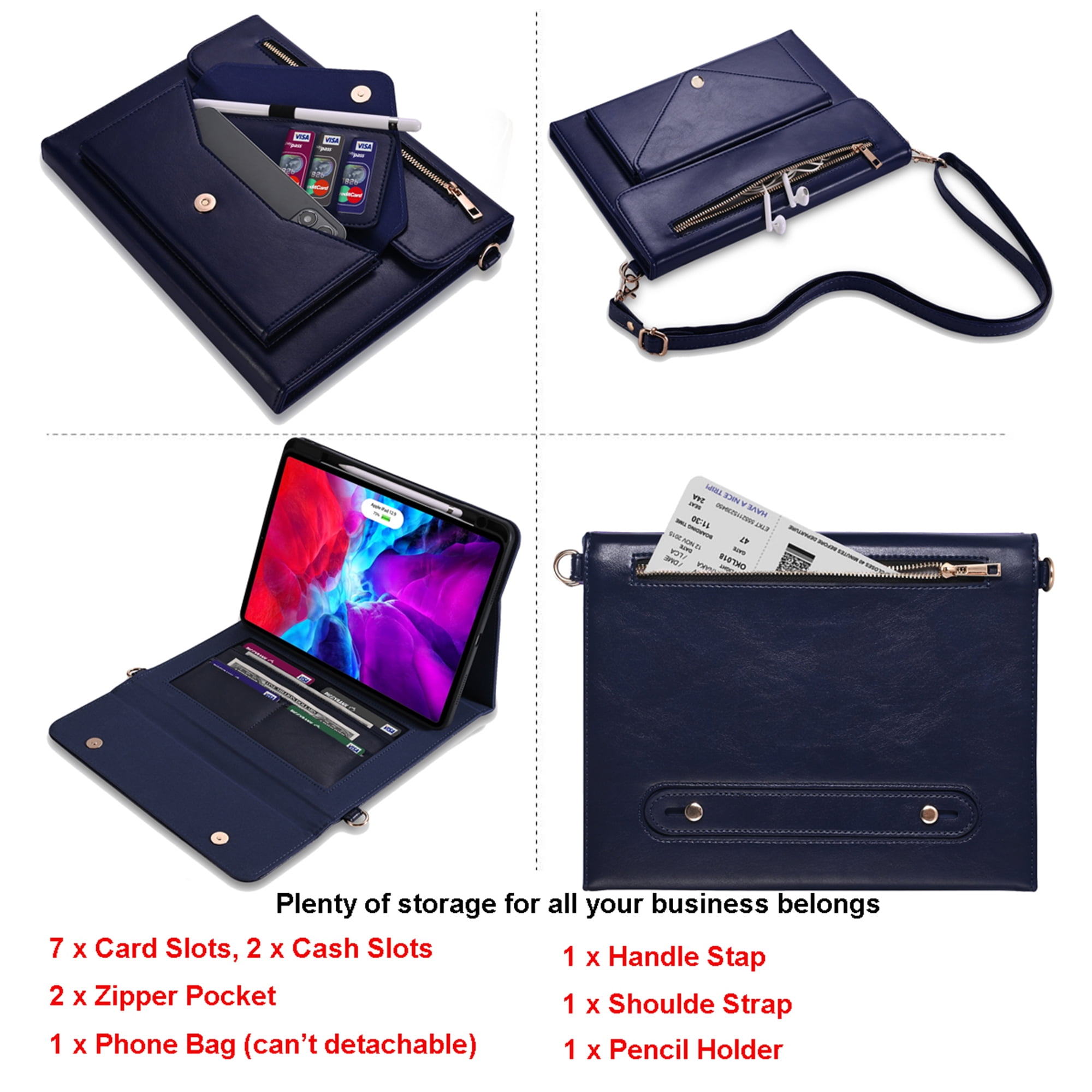 TECH CIRCLE Business Case for Case for iPad 10.2 inch 9th/8th/7th Gen 2021/2020/2019, Premium PU Leather Folio Stand Cover Pencil Holder Zipper Pocket Bag Shoulder Hand Strap Protective Case,Blue