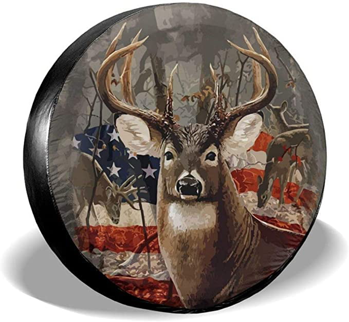 Trailer Truck 14 fits for tire Diameter 60-69cm/23.6-27in SUV Deer American Flag Camping Spare Tire Cover Universal Tire Wheel Covers Fit for Camper,Rv 