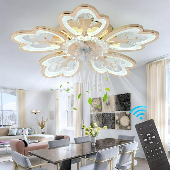 Datingday 26 Inch LED Flower Ceiling Fan with Remote Control,Gold 6 Speed 3 Color Dimmable Ceiling Lamp with Invisible Blades for Living Room Bedroom