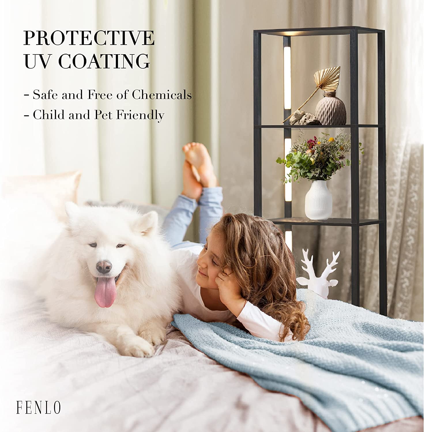 FENLO Fancy - LED Display Shelf with Dimmable Lights, LED Shelf Floor Lamps for Living Room, Sturdy Corner Shelf Curio Cabinet Display, Tall Floor Lamps with Shelves