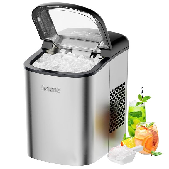 Galanz Portable Countertop Electric Ice Maker Machine, 26 lbs in 24 Hours, Bullet Shaped in 2 Sizes, 2.1 L, Stainless Steel