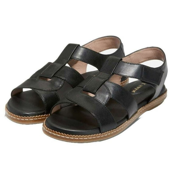 Cole Haan Cloudfeel Fisherman Black Jericho Leather Open Toe Flats Sandals (Black Jericho Leather, 6)