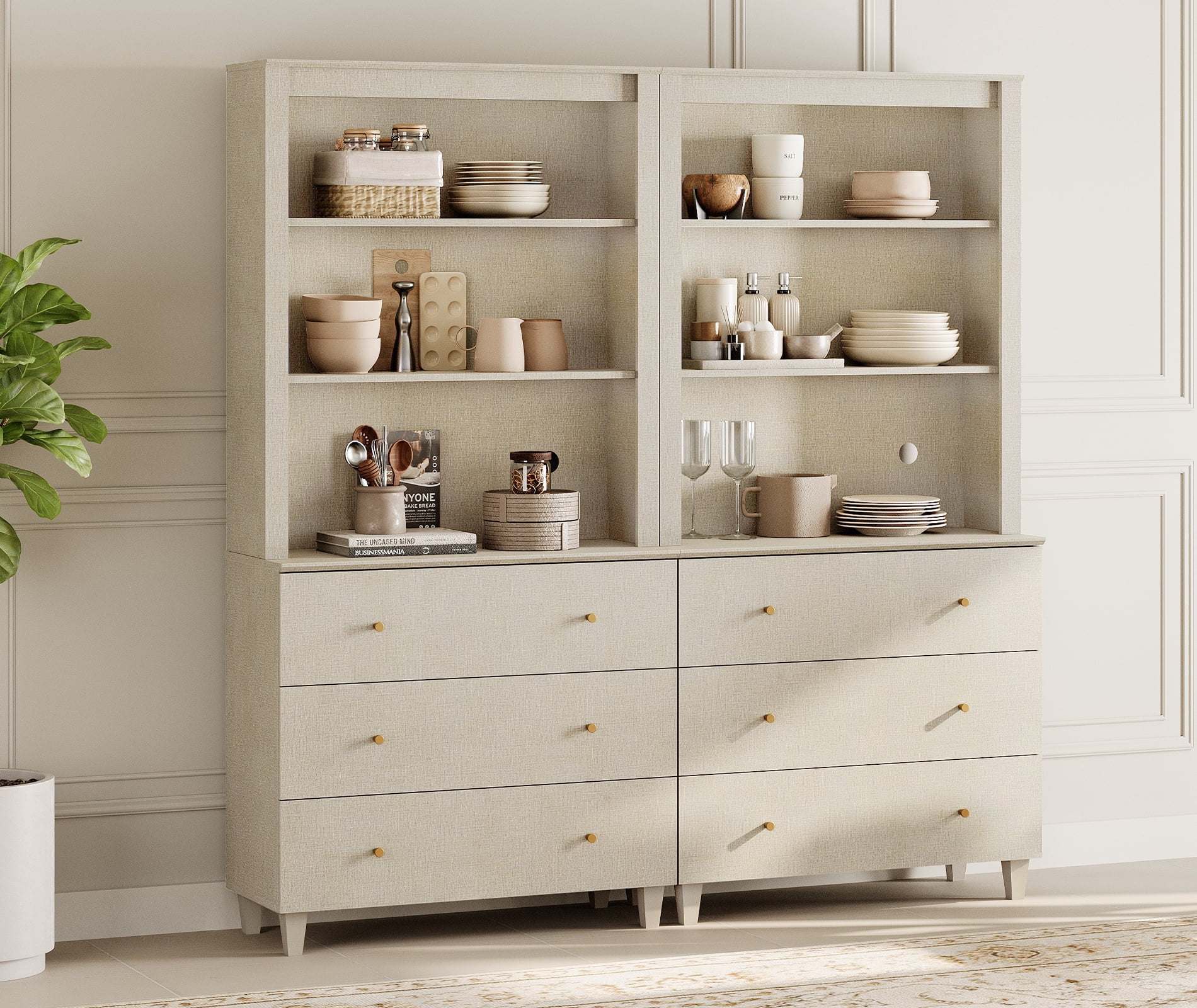 WAMPAT Modern 71" Tall Pantry Cabinet with 6 Smooth-Glide Drawers & Adjustable Shelf for Dining Room, Beige Linen Printed