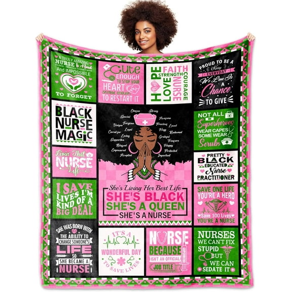 Nurse Gifts Blanket 50*60", Nurses Week Gifts, Sorority Gifts for Women, Black Nurse Appreciation Gifts, Pink and Green Blanket for Black Girl Nurses, African American Nurse Graduation Gifts