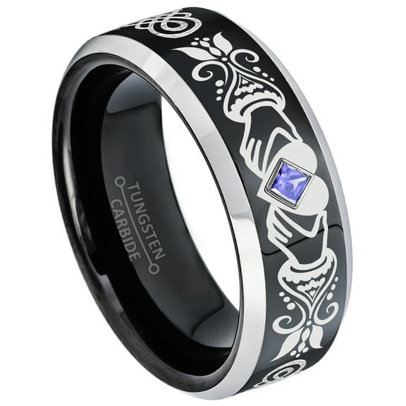 2-Tone Claddagh Tungsten Ring - 0.05ct Princess Cut Solitaire Tanzanite Ring - Personalized Tungsten Wedding Ring - Custom Made December Birthstone Ring TN119TZN1-s10.5