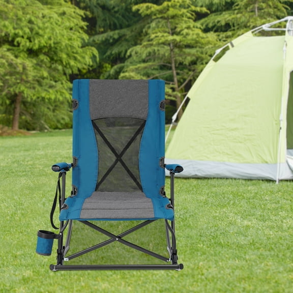 ToppiJoy Portable Foldable Rocking Camping Chairs for Outdoor Modern Rocker Camping Chair Freestanding Patio Chairs with Metal Frame for Outside Patio Lawn Backyard, Blue & Grey & Black