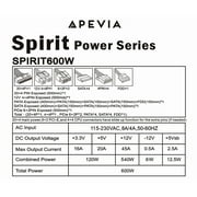Apevia SPIRIT600W Spirit 600W ATX Power Supply with Auto-Thermally Controlled 120mm Fan, 115/230V Switch, All Protections