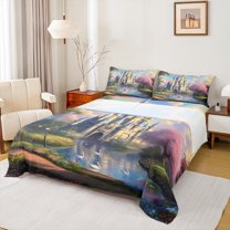 Feelyou Vintage Princess Castle Queen Sheet Sets, Dreamy Fairy Tale Flat Sheet, Teens Kids Girls Women Queen Fitted Sheet, Luxury Bedroom Decor, 4pcs