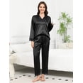 thumbnail image 3 of Luxury Women's Silk Satin Pajama Set - Long Sleeve Lace Trim Lapel Sleepwear Nightwear Loungewear, Black, L, 3 of 10