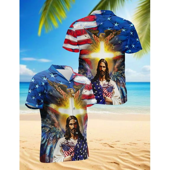 America And Jesus Bless Hawaiian Shirt for Men, Button Down Summer Beach Short Sleeve, Sizes S-5XL