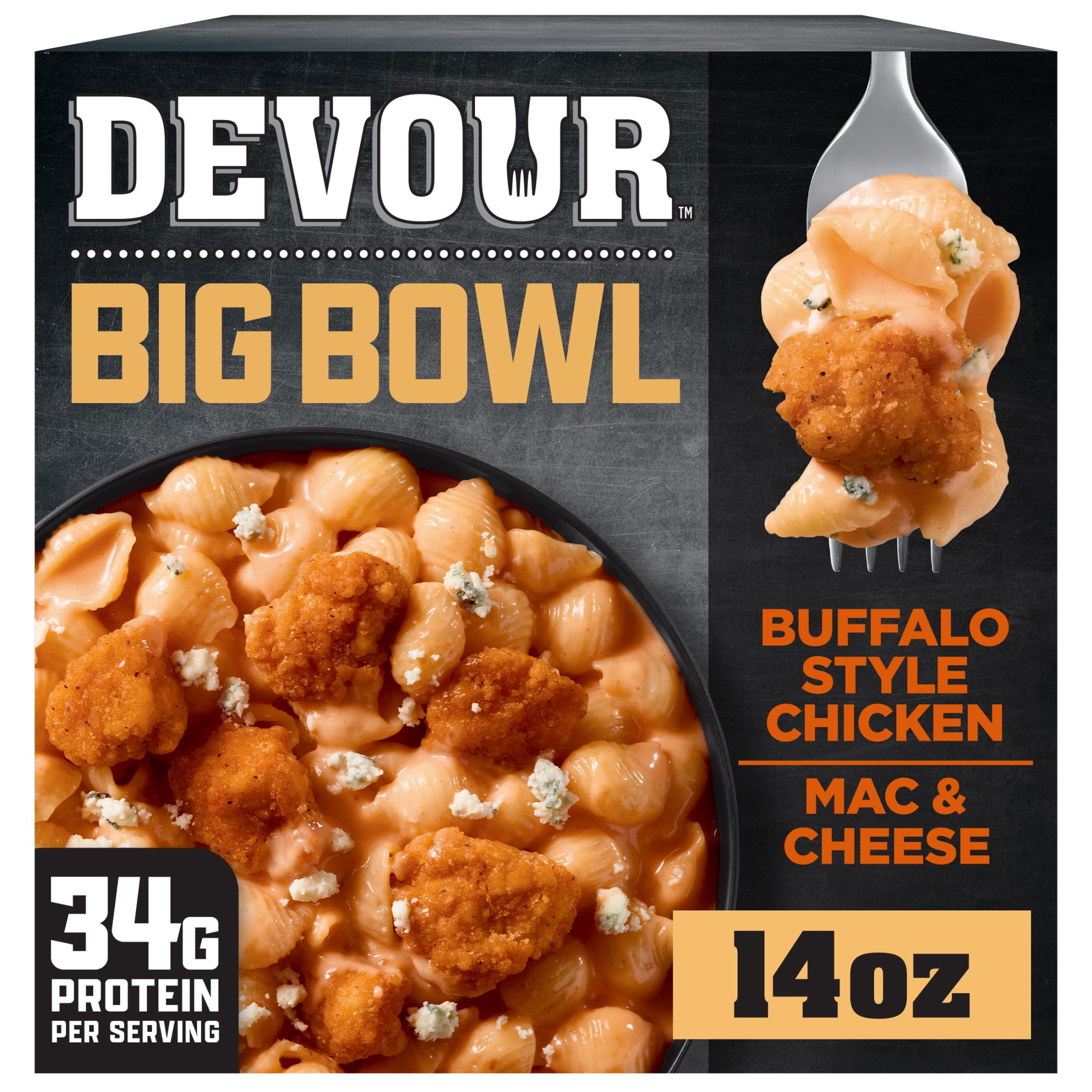 Devour Big Bowl Buffalo Style Chicken Mac & Cheese, 1 Box, for Easy Meals and Mealtime Solutions, 34g Protein, 14 oz