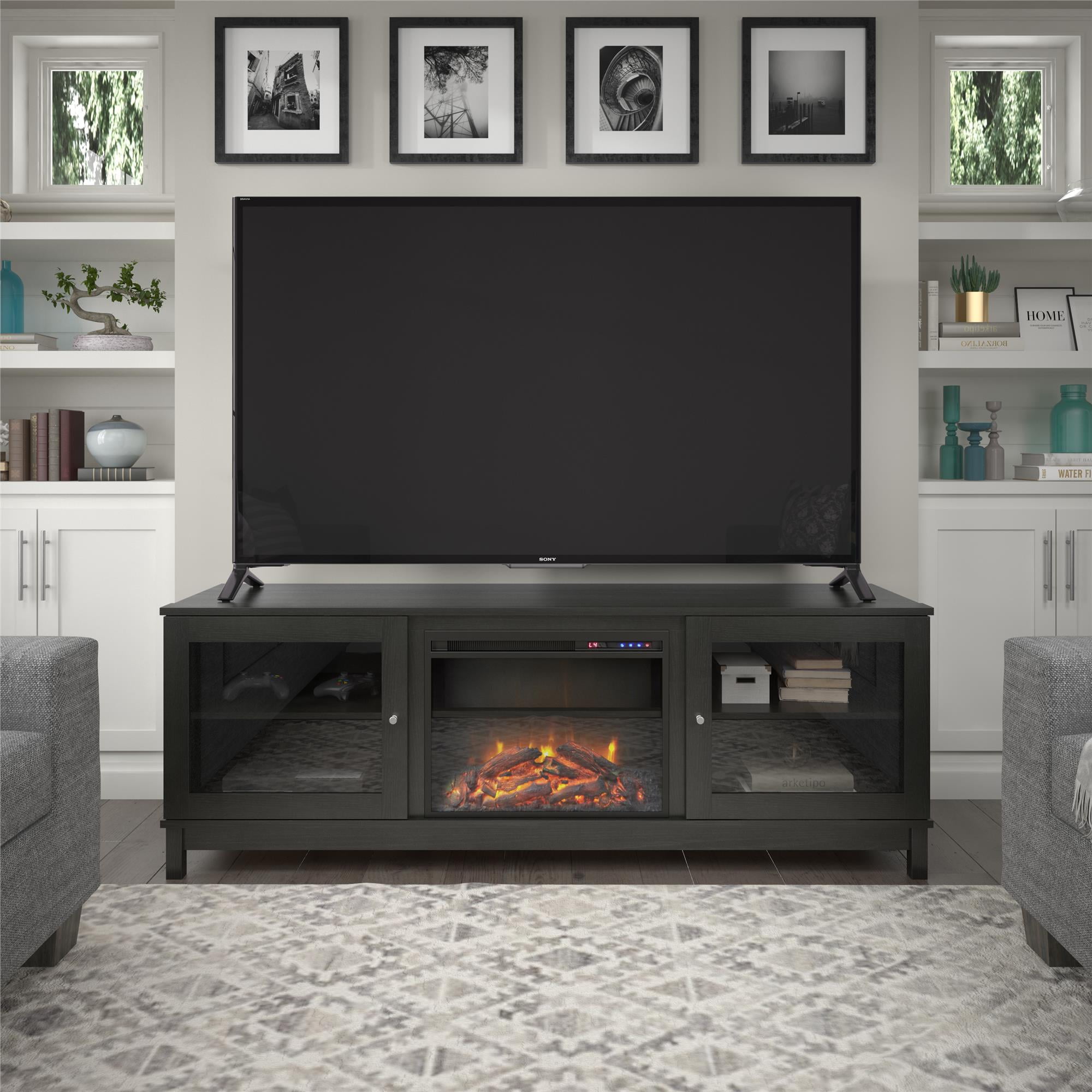 Ameriwood Home Swanson Fireplace TV Stand for TVs up to 70", Black Oak