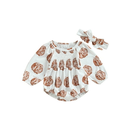

Bagilaanoe Newborn Baby Girl Halloween Rompers Pumpkin Print Long Sleeve Bodysuits + Hairband 3M 6M 12M 18M Infant Casual One Piece Jumpsuit
