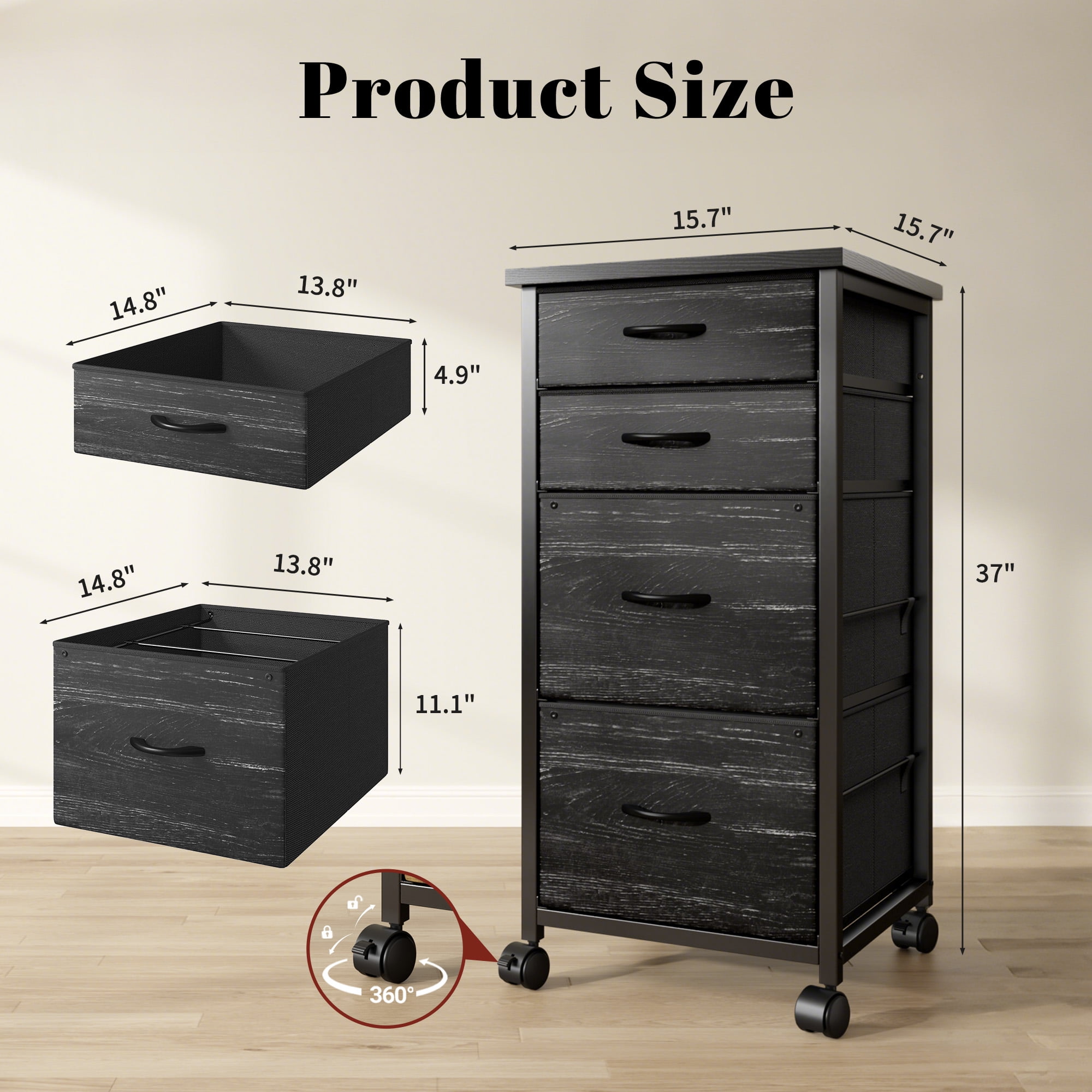 Romorgniz 4 Fabric Drawers Mobile File Cabinet Desk Table Cabinet Fits A4/Letter Size Printer Stand for Home Office，Black
