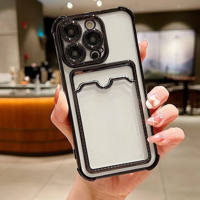 Transparent Plating Case For iPhone 15 14 13 12 11 Pro Max Plus Soft Shockproof Clear Wallet Card Holder Pocket Phone Accessorie