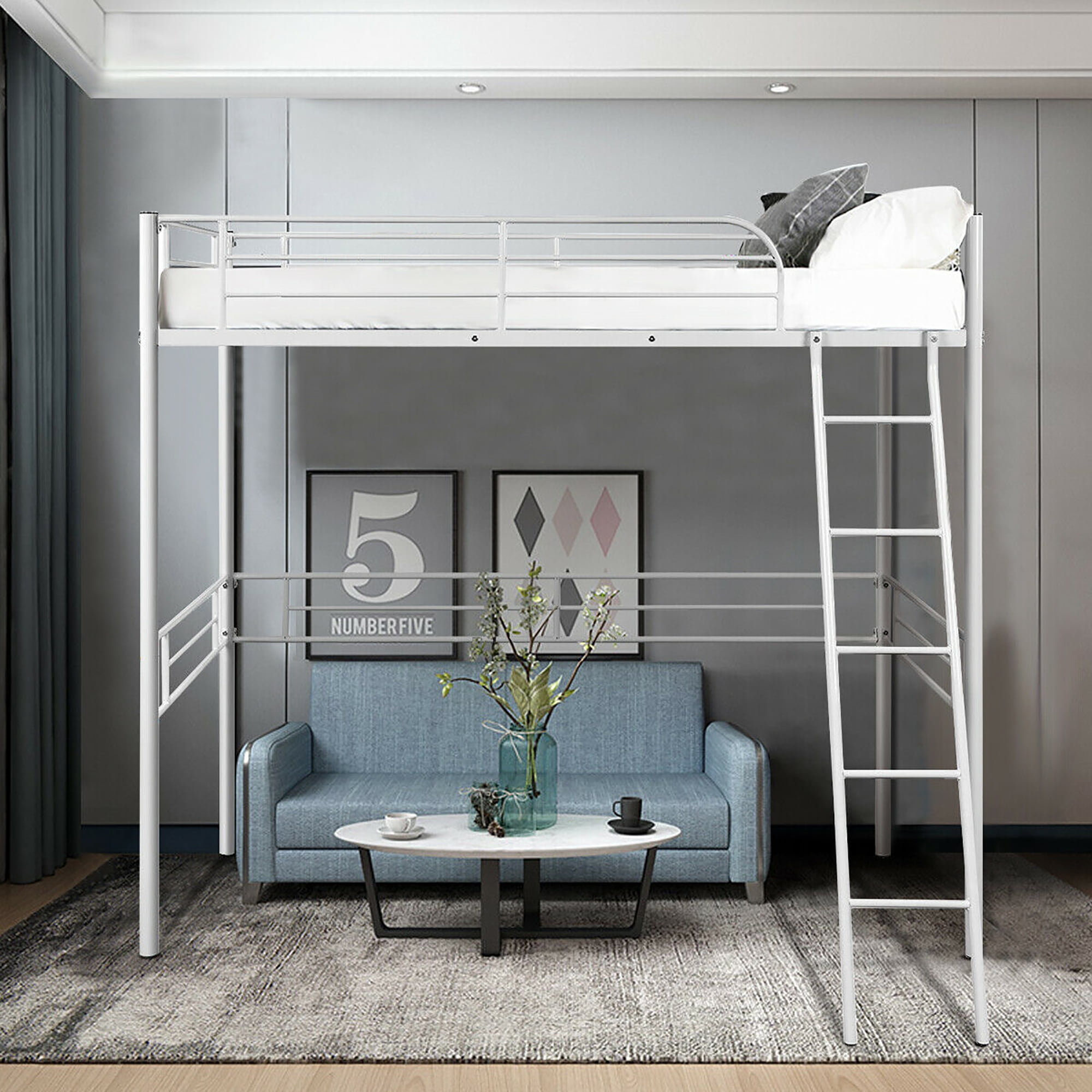 Gymax Twin Size Metal Loft Bed Frame Single High Loft Bed W Ladder Guard Rail White Walmart