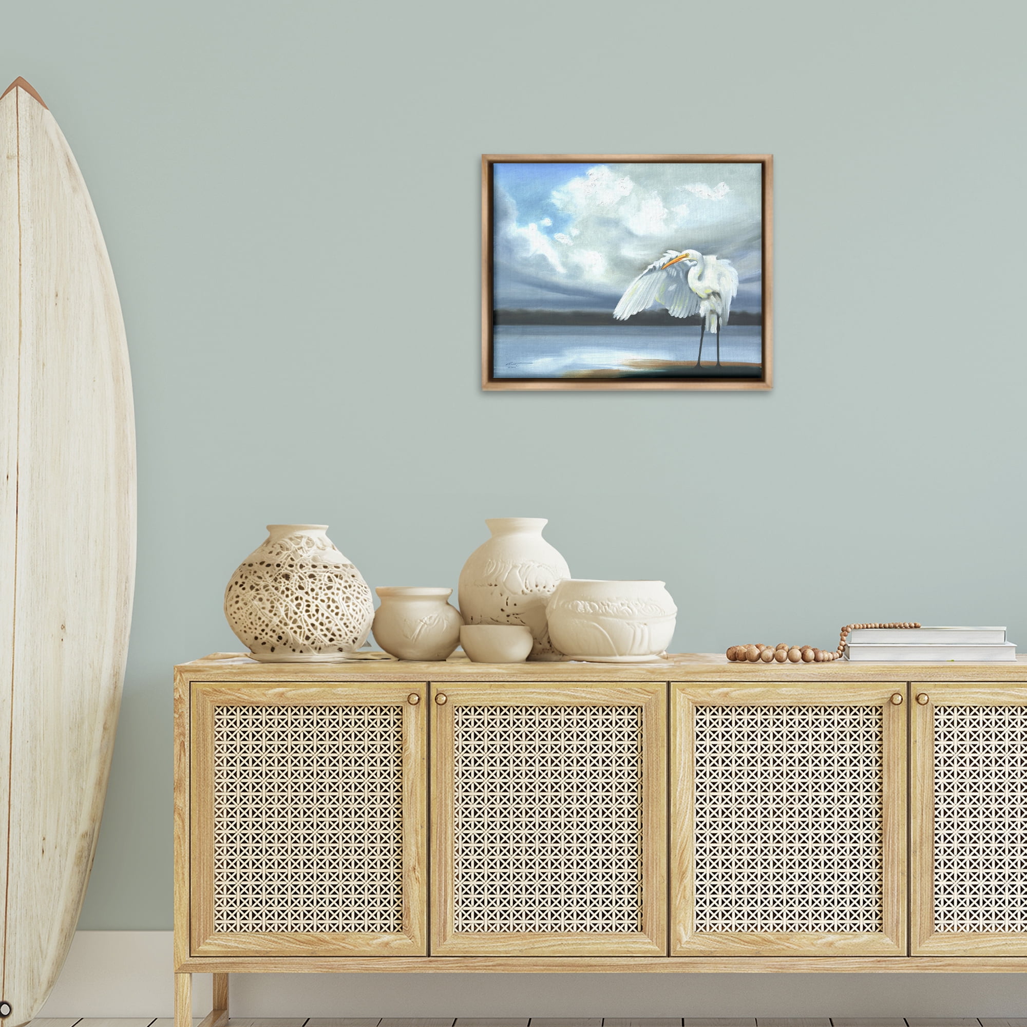 Stupell Industries Egret on Cloudy Beach Shore Animals & Insects Painting Brown Floater Framed Canvas Art Print Wall Art, 21 x 17