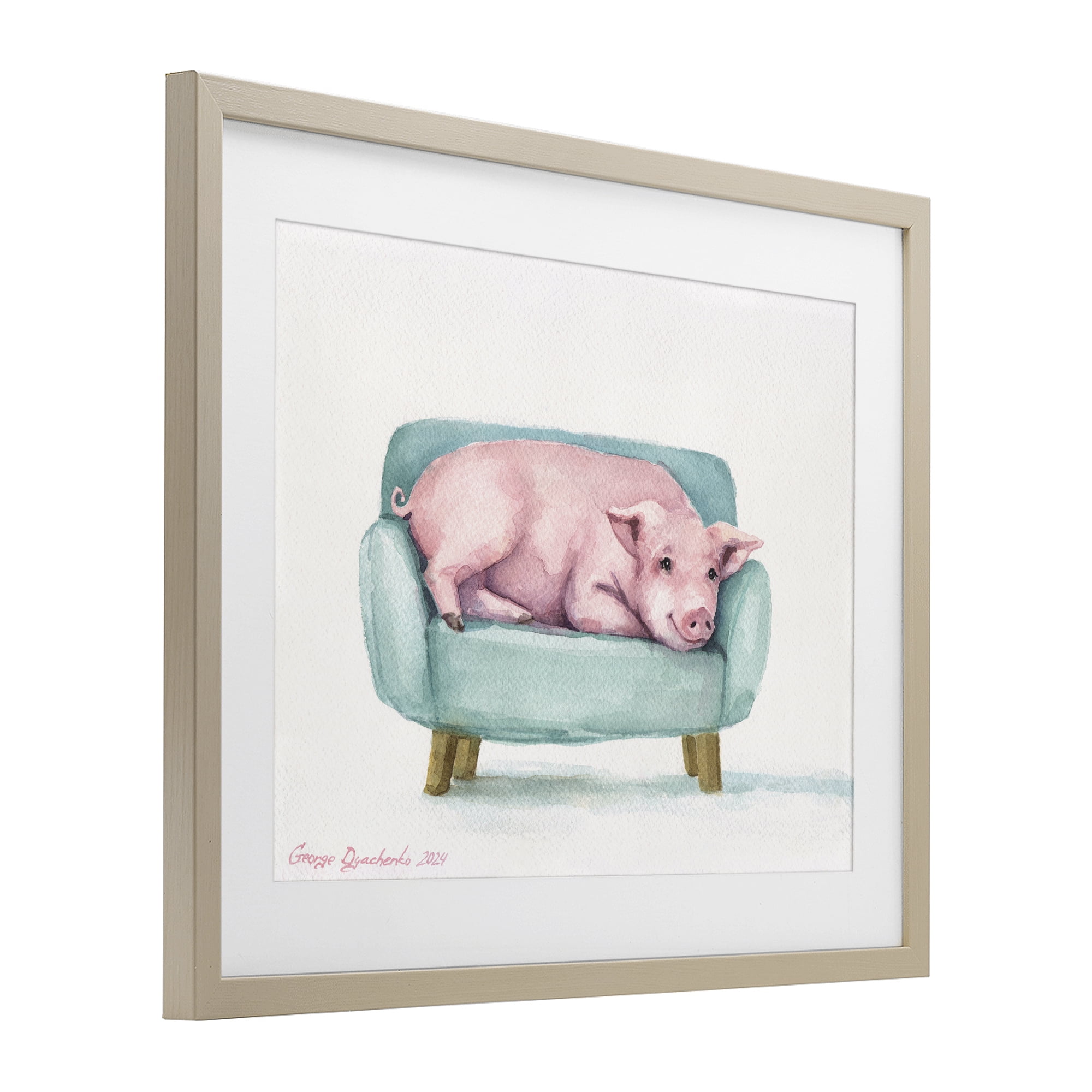 Stupell Industries Cute Piglet on Armchair Birch Framed Print Under Glass, design by George Dyachenko