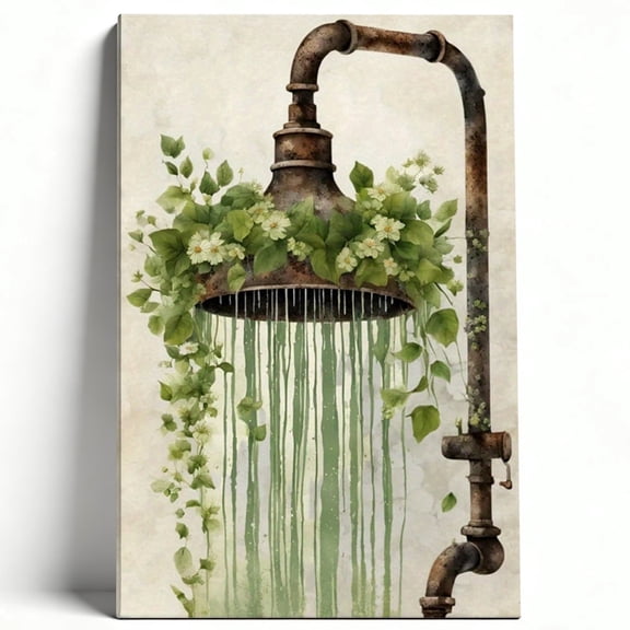 Vintage Floral Showerhead Framed Canvas Wall Art - Rustic Botanical Bathroom Plant Artwork Print, Boho Greenery Flower Shower Painting, Farmhouse Home Decor For Bathroom, Living Room 8*12inch