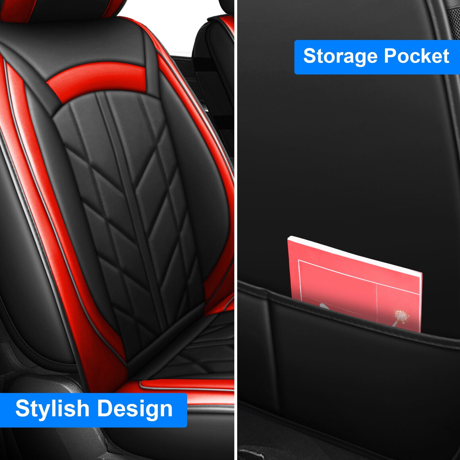 Car Seat Covers Fit for Dodge Ram 1500/2500/3500 2009-2023 Truck PU Leather Front Rear Full Set Black+Red