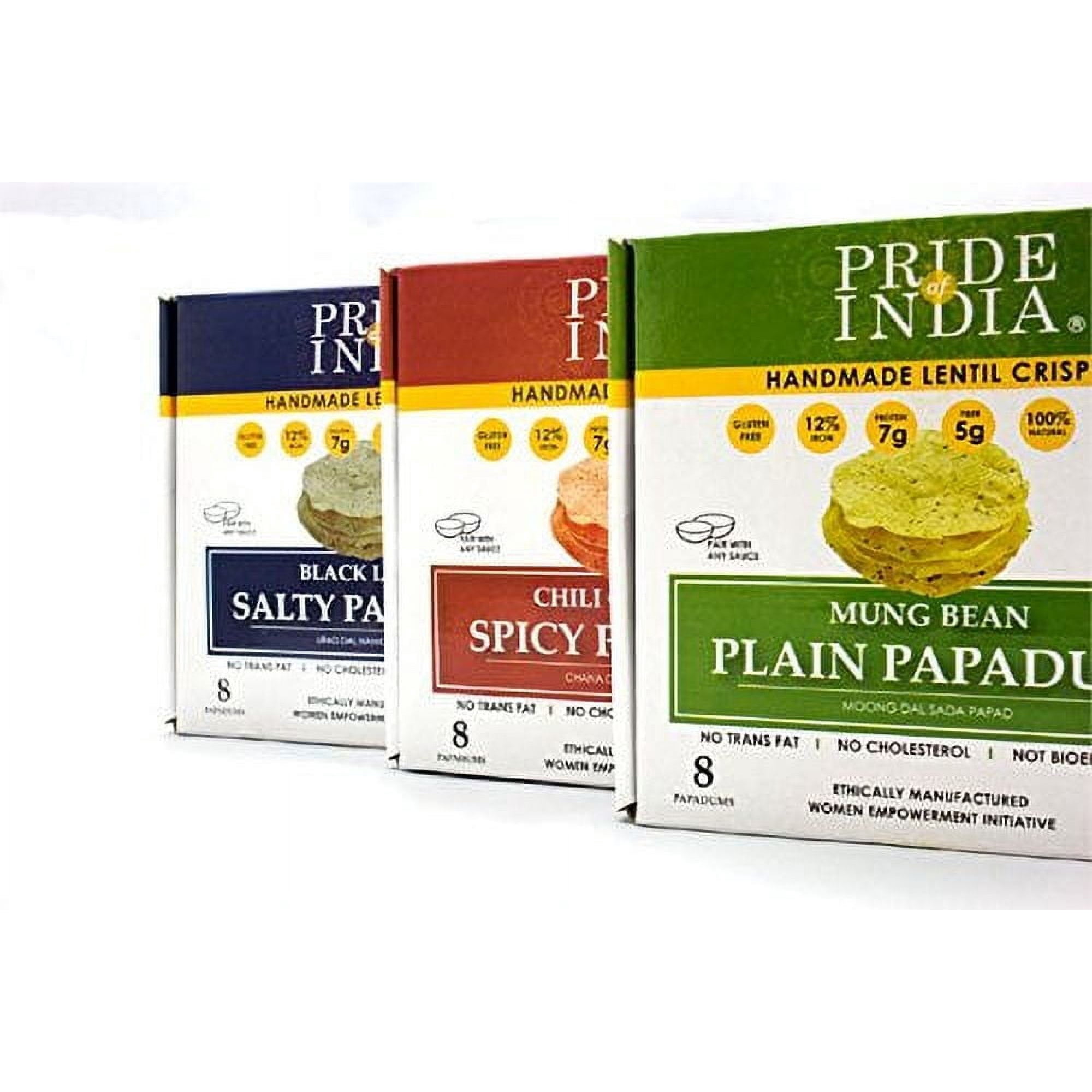 Pride Of India Assorted Papadum Lentil Crisps - Plain, Salty & Spicy - Pack of 6 (2 Boxes per Flavor) - 6 * 3.53oz (100gm) per 10 Count Box