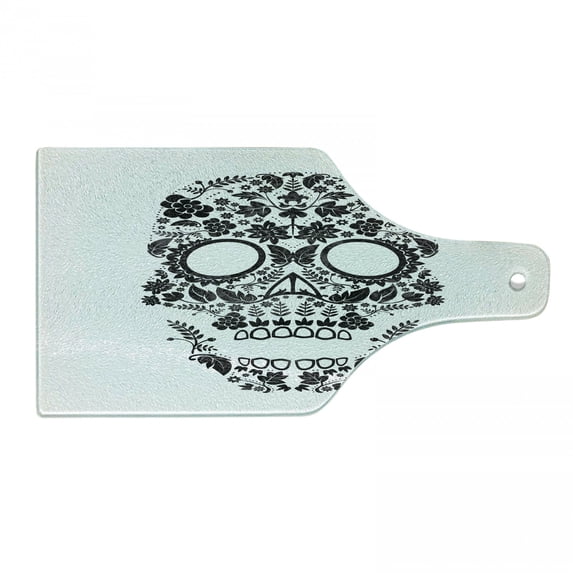 Sugar Skull Cutting Board, Tradition Latin Celebration Special Day Monochromatic Art, Decorative Tempered Glass Cutting and Serving Board, Wine Bottle Shape, White and Black, by Ambesonne