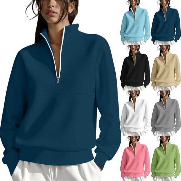 Womens Sweatshirt Trendy Solid Half-Zip Hoodless Sweatshirt Stand-Collar Casual Oversized Pullover Fall Outfits
