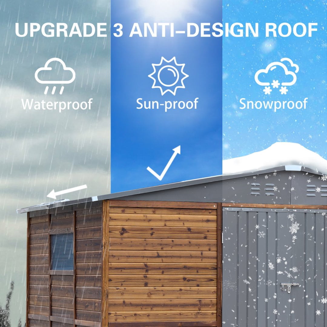 Fehomix 8x10 FT Outdoor Storage Shed, Metal and Wood Tool Shed with Wide Iron Doors & Windows, Weatherproof Garden Shed for Backyard, Lawn Mower & Large Equipment Storage
