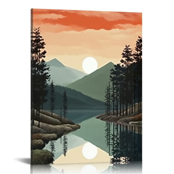 ONETECH  Framed Mountain Canvas Wall Art  Boho Watercolor Poster Prints Painting, Sun Forest Abstract Nature Landscape Artwork Wall Decor for Living Room, Bedroom, Office  12x16 in