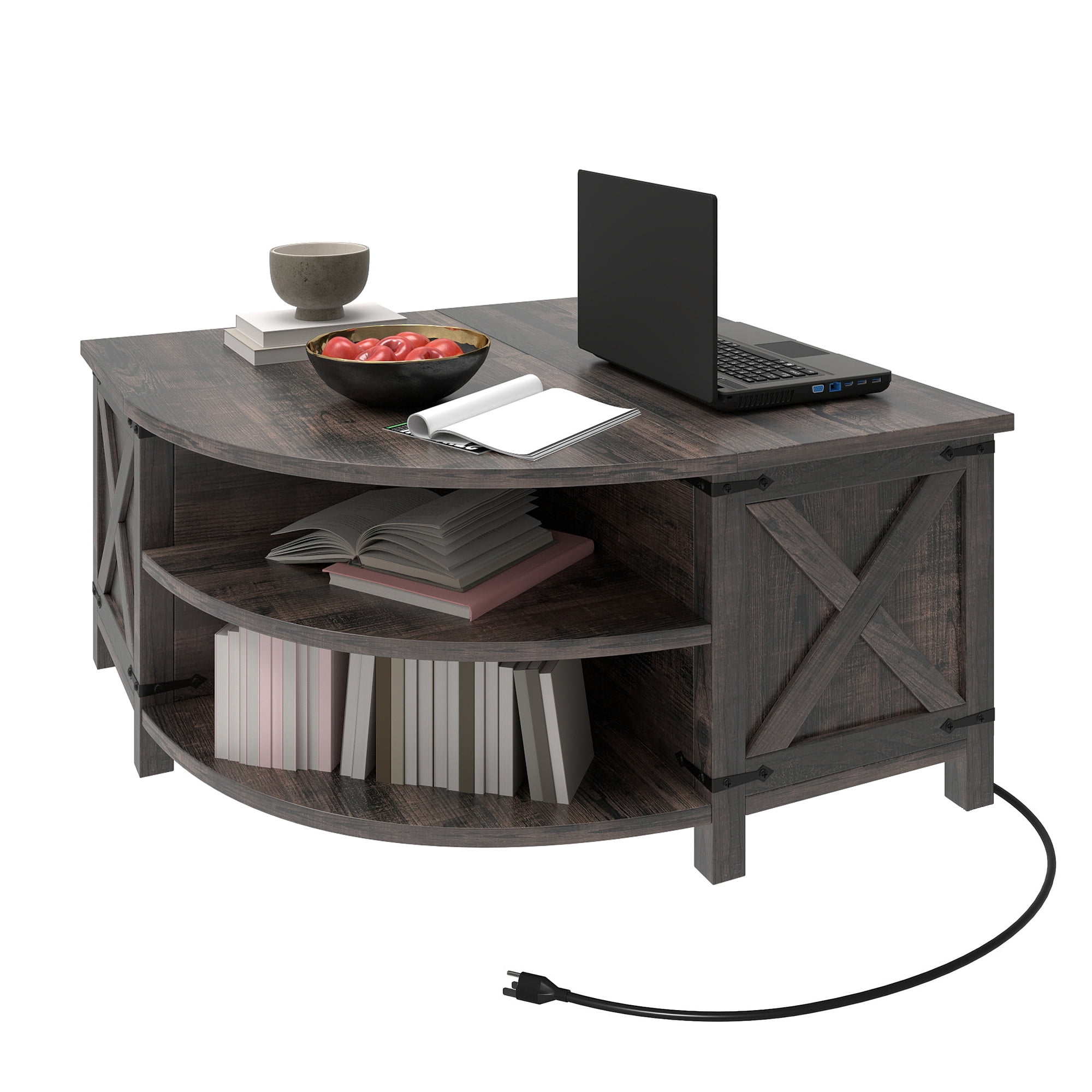 Uforic Farmhouse Lift Top Coffee Table with Storage & Power Outlets, Dark Oak