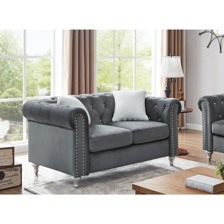 HomeStock Coastal Cottage Loveseat, 60" x 34" x 30" Jeweled Tufted Micro Suede with Pocketed Coil Seats for Comfort-Color:Gray