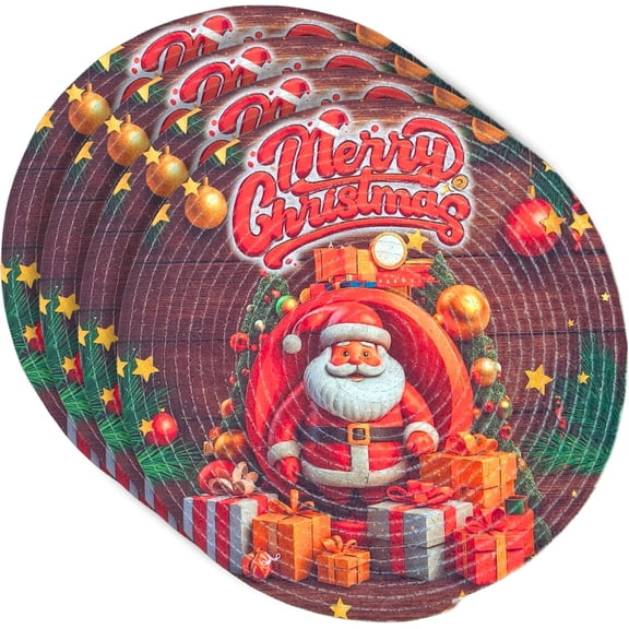 4Pcs Merry Christmas Cotton Rope Woven Placemats – Round 15 Inch Dining Mats with Santa Claus Print, Holiday Table Décor for Parties, Cafes & Kitchen (Multicolor)