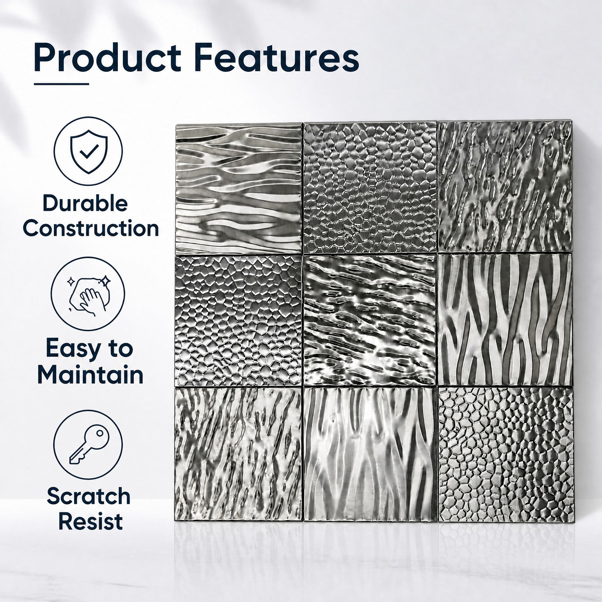 Easy4Home 5Pcs 12"x12" Metal Wall Panels Morden Mosaic Tiles for Interior Wall Decor, Silver