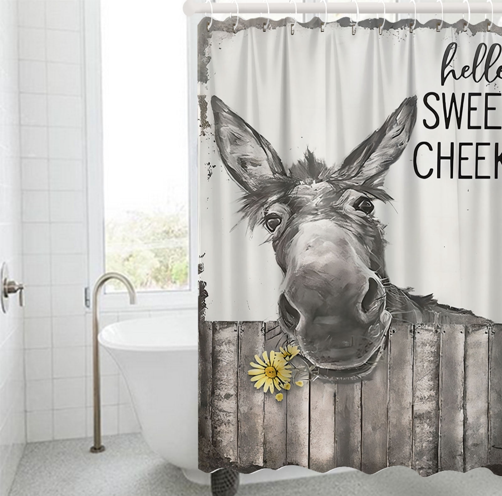 Highland Cow Duschvorhang – Lustiges Tier-Motiv Mit Blumen | Wasserdichtes Polyester, 183x183 Cm | Inkl. 12 Haken | Für Badezimmer-Deko