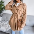 thumbnail image 3 of Abrigo de mujer con cinturón, cuello vuelto, manga larga, parte superior con botones de una sola fila y bolsillos para invierno otoño caqui L, 3 of 9